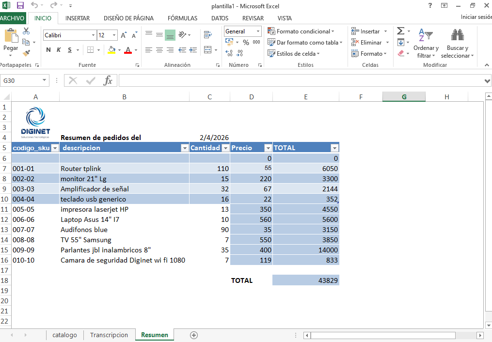 Plantilla de excel para pedidos